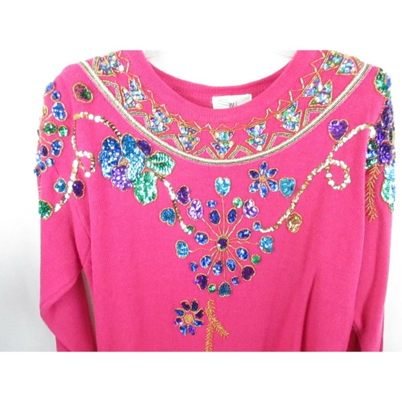 SML Sort LTD L Sweater Beads Sequins Pink Long Sleeve - Picture 2 of 5